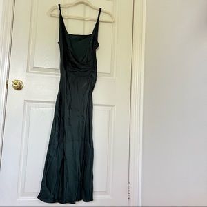 Green satin wedding guest dress